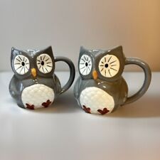 2 Stoneware Owl Mugs Big Eyes Collectible Cups 3D Gray Animal Novelty Threshold picture