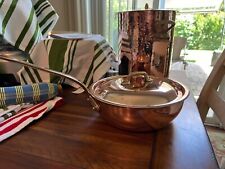 Vintage Curved Splayed Copper Saute Pan With Lid And Brass Handle, 3.7-Qt Unused picture