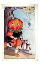 c1920 Whitney Made Halloween Postcard Pumkin Head Girl With Black Cat, Owls picture