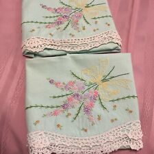 VINTAGE Aqua  Pillow Cases Hand Embroidered  Set Floral Crocheted Edge 20 x 29