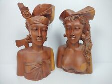 Vintage Bali Indonesia Finely Carved Wood Sculptures Art Man & Woman Head Busts picture