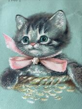Vtg Birthday Card Kitten Face Hallmark Gray Tabby Green Eyes 3D Pearl Collar picture
