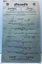 1930's Ansell's Lunch/Diner Food Restaurant Beverage Menu picture