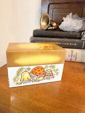 Vintage MERRY MUSHROOM Recipe Box Metal Tin With Letter Index Boho Yellow Orange picture