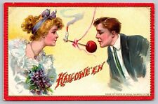 Postcard Halloween Couple Bobbing Apple by Smoking Candle Light Tuck picture
