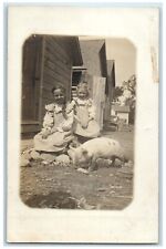 c1910's Houses Girls And Hog Pig Animals RPPC Photo Unposted Antique Postcard picture