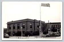 c1940s RPPC Carnegie Library Flag Old Cars Perry Iowa Real Photo  P242A picture
