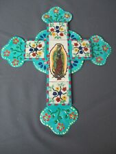 Vintage Mexican Cross Wall Hanging - Tin & Tiles - Milagros Healing Cross e4 em picture