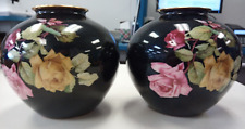 VTG Pair Thomas Ivory Floral Vases, Bavaria Germany, Black, Gold Trim picture