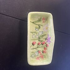 Vintage Porcelain Ceramic Green Vanity Dish Tray Hand Painted  Flowers picture
