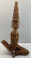Vintage 16 in Hand Carved African Wood Figurine High Hair Sitting Woman Statue picture