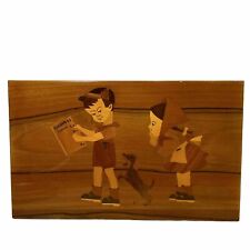 Vtg Russian Wooden Marquetry Inlay Wall Picture Boy Girl ABC Book Puppy Dog picture