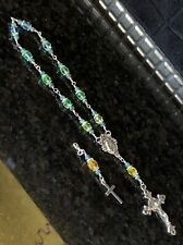 Vintage Uranium Glass UV Glow Aqua Green Multi Handmade Rosary Prayer Beads ☢️ picture