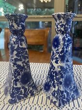 Chinoiserie Pair Of Blue And White Candle Sticks picture