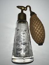 antique 1930s Etched Floral Glass and Brass PERFUME BOTTLE w Atomizer picture