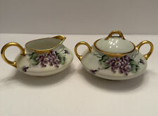 Antique J&C BAVARIA Creamer and Sugar Bowl W/lid Hand painted Violets Gold Trim picture