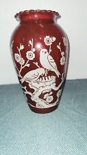Vintage Anchor Hocking Ruby Red Glass Hoover Vase With White Bird Design 9 