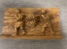 Vintage Deep Relief Carved Plaque Hand Carving Men Carrying Grapes Unmarked Rare picture