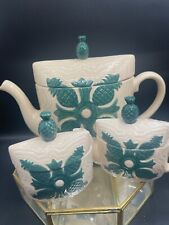 2003 Ceramic, Michael J. Gillan Hawaiian Quilt Clay Teapot, Creamer, Sugar Set picture