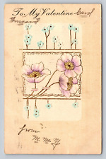 1916 Antique Embossed My Valentine Postcard Block of Light Blue Purple Flowers picture