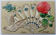 Antique 1910 Embroidered Hearty Greetings with Rose Dove Fan Postcard picture