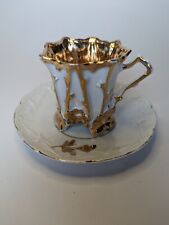 Vintage Hexagon Demitasse Teacup & Saucer White w/ Gold Accents 6-Footed Japan  picture