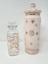 2 Vintage MCM Pink Gold Leaf  Apothecary Jars - Ceramic + Glass EUC 7.5
