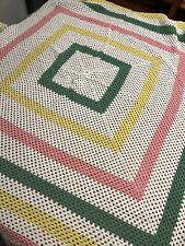 Vtg MCM Hand Knit Crocheted Tablecloth / Throw Red Yellow Pink Square Pattern picture