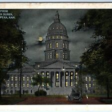 c1910s Topeka, KS Night State House Capitol Dome Zercher Postcard Car A117 picture