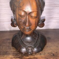 Vintage Bali Carved Wood Woman Bust Indonesia ethnic lady Sculpture. Distressed picture