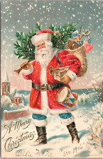c1906 Christmas Patriotic Santa W Flag Trumpet & Toys Postcard 835b picture