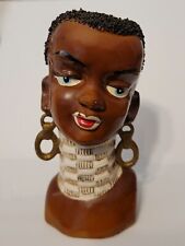 Original Vintage 1960s Black Lady Head Vase African Woman Neck Rings Earrings  picture