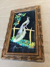 Vintage 8.5” X 5.5” Mexican Feathercraft Bird Carved Wood Frame Feather #U picture