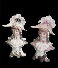 2 Antique Vintage Bisque Ceramic Victorian Woman In Hats Bust Statue Hand Made picture