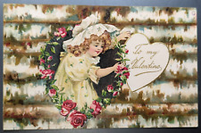 Antique 1908 To My Valentine Postcard Pretty Girl in Bonnet Roses Heart picture