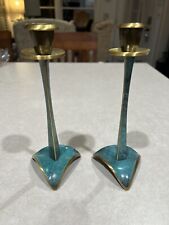 VINTAGE 1985 OPPENHEIM MADE IN ISRAEL PAIR OF BRONZE CANDLESTICKS-VERY GOOD picture