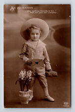 c1913 RPPC EAS Studio Portrait of Young Girl Hat Flowers Invitation Postcard picture