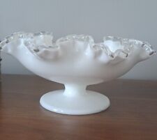 Vintage Fenton Silver Crest White Milk Glass Bowl With Ruffled Edge Design 8