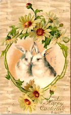 1908 Easter Embossed Postcard White Rabbits in Daisy Wreath picture