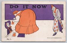 Postcard Do It Now Clown and Large Lady Bending Over Vintage 1905 picture