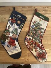 JC Penny Vintage Needle Point Christmas Stocking Mommy & Daddy Set Of 2 picture