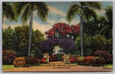 Beautiful Entrance Miami Estate Florida FL Palms Linen Postcard PM Cancel WOB 2c picture