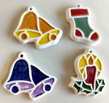 4 Vtg 1976 Handpainted Ceramic Stained Glass Look Christmas Ornaments~Bell Cande picture