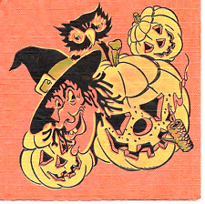 Vintage TUTTLE Crepe/Paper Halloween Napkin ~ Ugly Witch, Jack O' Lanterns, Owl picture