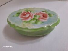 Vintage Hand Painted Porcelain Jewelry Box Oval Victorian Style Green Pink Roses picture