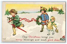 Christmas Children Playing With Berries Winter Scene Tuck's Antique Postcard picture