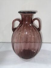 Vintage Amethyst Purple Glass Ribbed Optic Double Handle Vase Hand Blown -E picture