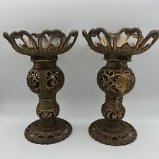 Vintage Ornate Brass Candleholder Pillars Set Of 2 picture