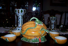 Harvest Pumpkin Squash Soup Tureen, Ladle, 4 Matching Bowls Fall Autumn Ceramic picture