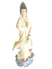 GUAN YIN Asian woman wearing a white robe standing on flowers 12 in statue  picture
